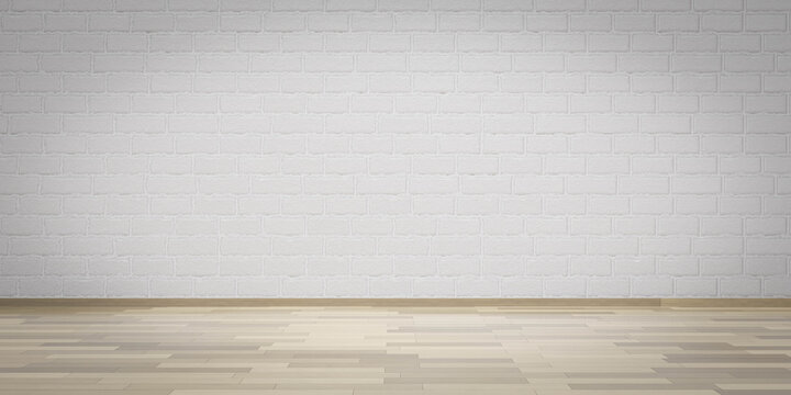 empty white brick wall industrial style bright wood floor 3d render illustration