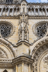 Architectural fragments of Gothic style Roman Catholic Cathedral of Sainte-Croix dominates in Orleans city Centre. Construction of Sainte-Croix started in 1287, inaugurated in 1829. Orleans, France.
