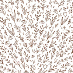 Spring hand drawn flower background with flowers and leaves