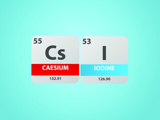 Cesium iodide csi molecule. Simple molecular formula consisting of Cesium, Iodine ,  elements. Chemical compound simplified structure on blue background, for chemistry education 
