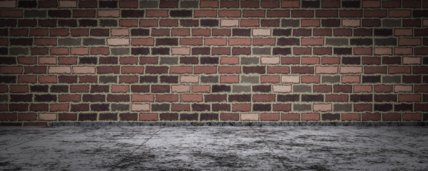 empty weathered stained old brick wall with concrete floor 3d render illustration