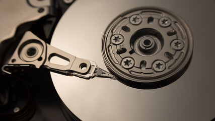 Detailed view of the inside of a hard disk drive