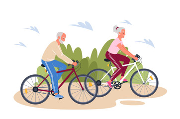 Senior elderly couple enjoying cycling in summer outdoor park, healthy lifestyle