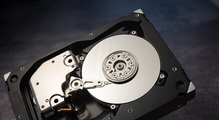 Detailed view of the inside of a hard disk drive