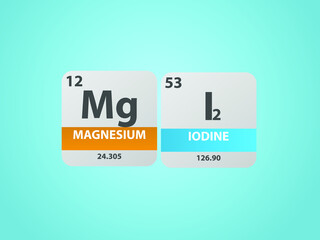 Magnesium iodide mgi2 molecule. Simple molecular formula consisting of Magnesium, Iodine ,  elements. Chemical compound simplified structure on blue background, for chemistry education 

