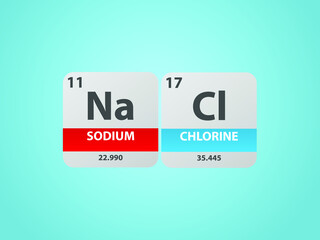 Sodium chloride nacl molecule. Simple molecular formula consisting of Sodium, Chlorine , elements. Chemical compound simplified structure on blue background, for chemistry education 