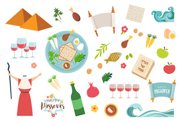 Passover icons set. flat, cartoon style. Jewish holiday of exodus Egypt. Collection with Seder plate, meal, matzah, wine, torus, pyramid. Isolated on white background. Vector illustration - 414705867