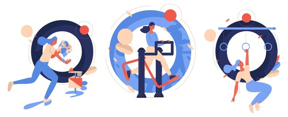 Letters O collection with women training and having active lifestyle. Outdoor gym, obstacle course racing, orienteering activities drawn in blue and orange. Colorful illustrations isolated on white