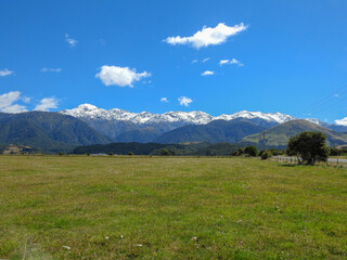 Green field and mountains New Zealand 