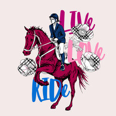 The Galloping beautiful horse, rider and checkered  flowers. Life, Love, Ride - lettering quote. Romantic card, t-shirt composition, hand drawn style print. Vector illustration.