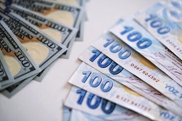Side view of Turkish liras and dollars laid out in a pattern, close up of 100 banknotes of leading currency. Cash money texture. Banking concept. 