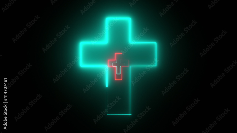 Poster fast tunnel of neon holy crosses in an upright position. computer generated abstract flying in futur