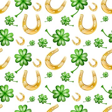 Vector seamless patter of good luck, with horseshoe and clever leaves. 