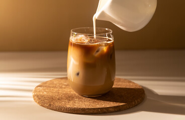 Milk cream is poured into a iced cold brew coffee. Coffee cold cocktail drink with ice and milk in...