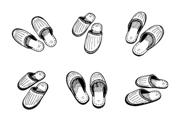 Sleeping slippers couple set hand drawn sketch. Home shoes pair black and white doodle collection. Vector isolated illustration