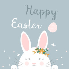 Happy Easter greeting card with cute white bunny, flowers and gold glitter