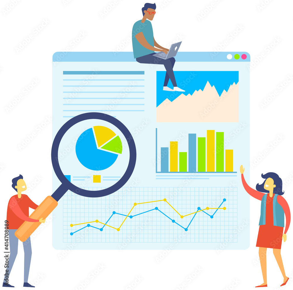 Poster man with magnifier showing diagrams on board to colleagues. growth arrows and chart on table. person