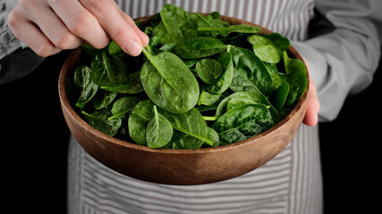 fresh spinach. female hold fresh spinach leaves in wooden bowl. Healthy food concept