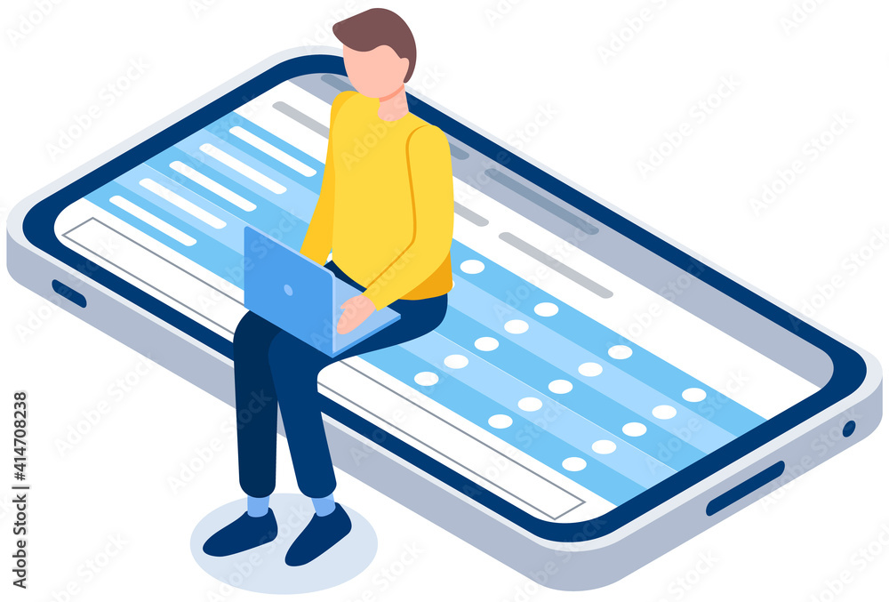 Poster man working or studying on laptop vector illustration. guy sitting on mobile phone screen. online le