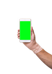 Man hand wrapping elastic bandage holding smartphone isolated on white background. clipping path