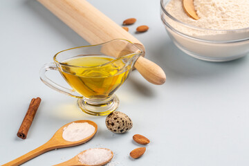 Dough preparing, flour, eggs, butter, sugar