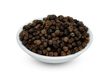 Black pepper pile or Black peppercorns seeds in ceramic bowl isolated on white background ,include clipping path
