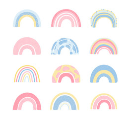 Set various rainbows in hand drawn style isolated on white background for kids. Cute illustration in for posters, prints, cards, textiles, apparel. Vector