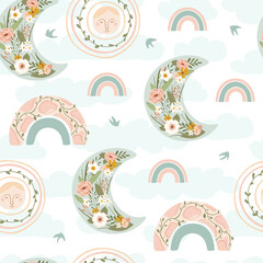 Children's seamless pattern with spring rainbow, moon, sun, bird and flower in pastel colors. Cute texture for kids room design, Wallpaper, textiles, wrapping paper, apparel. Vector illustration © Irina Gubanova