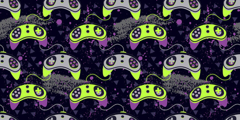 Seamless bright pattern with joysticks. Video game controller gaming cool print for boys and girls. Print for textiles, sportswear.