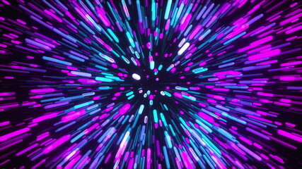3d rendering movement through stars. Hyper jump into another galaxy. Neon glowing rays in motion. Computer generated abstract modern cosmic background