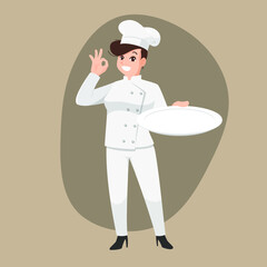 Happy chef cartoon portrait of young big guy cook wearing hat and chef uniform hold empty dish and do OK sign gesture and show to camera. Vector simple design.