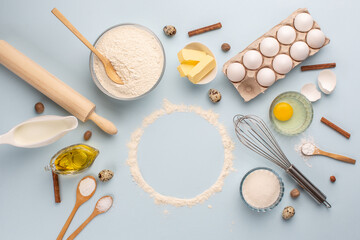 Fototapeta na wymiar Dough preparing, flour, eggs, butter, sugar