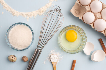 Dough preparing, flour, eggs, butter, sugar