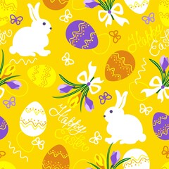 Easter pattern. Eggs, rabbits, bouquets of snowdrops on a yellow background. The  lettering "Happy Easter". Flat vector illustration.