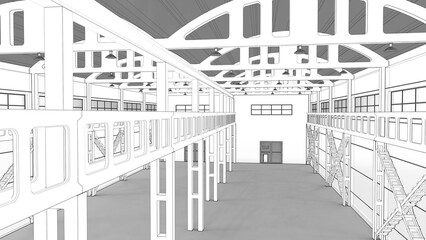 3D render of an industrial building as a sketch