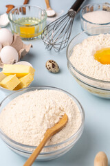 Dough preparing, flour, eggs, butter, sugar