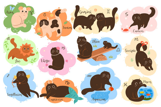 Vector collection of twelve zodiac signs: Aries, Taurus, Gemini, Cancer, Leo, Virgo, Libra, Scorpio, Sagittarius, Capricorn, Aquarius, Pisces. Set of cute kawaii zodiac cats.