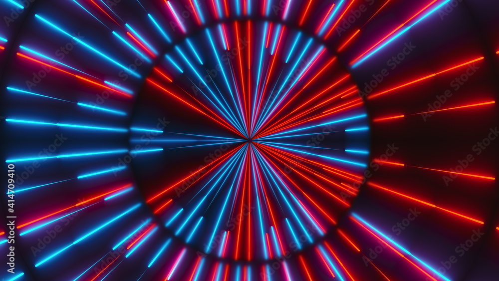 Poster neon composition with bright shapes like neon tunnel is in the dark space, 3d rendering computer gen