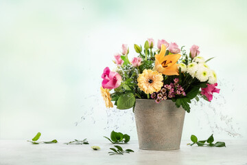 Bouquet of different flowers in metall bucket with splattering water on white background