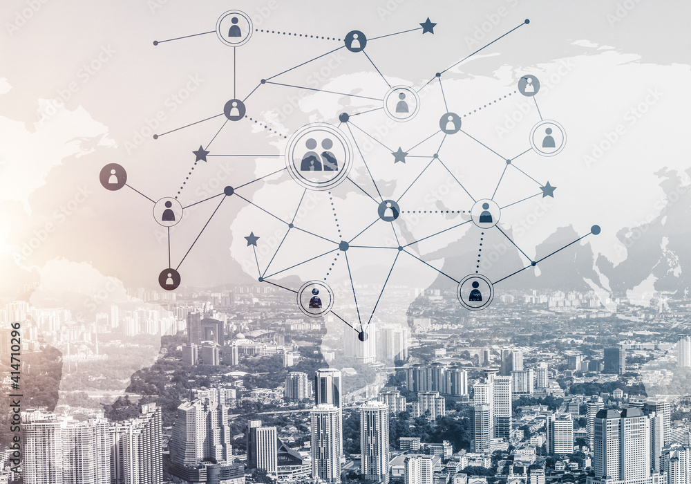 Poster modern city and social net as concept for global networking