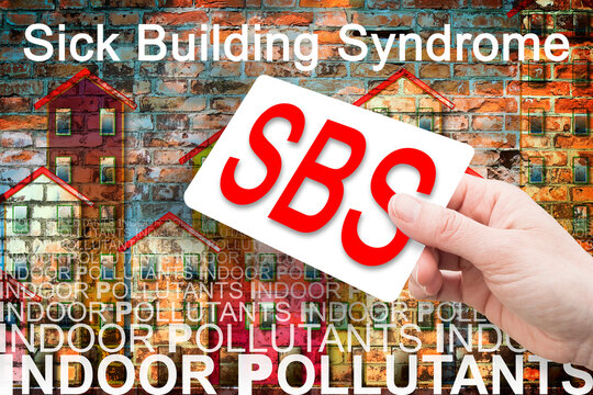 Sick Building Syndrome concept image with he most common dangerous domestic pollutants we can find in our homes which cause poor indoor air quality and chronic disease