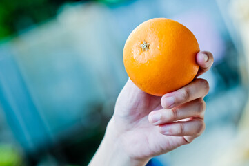 Young Girl hand holding Fresh Orange on beautiful blur Background.