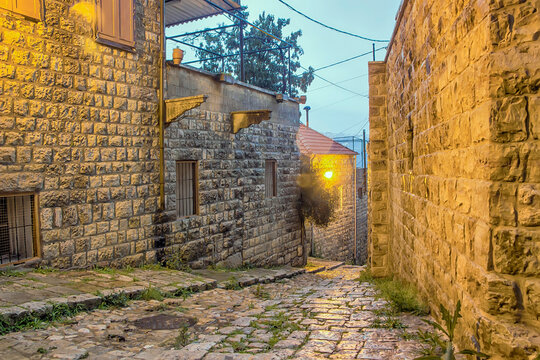 Narrow cobbled alley in old town. Deir al Qamar, Lebanon