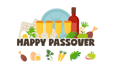 Pesah celebration greeting card, Jewish Passover holiday. Greeting cards with traditional icons, four wine glasses, Matzah and spring flowers. vector illustration
