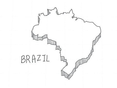 Hand Drawn of Brazil 3D Map on White Background.