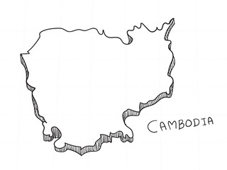 Hand Drawn of Cambodia 3D Map on White Background.