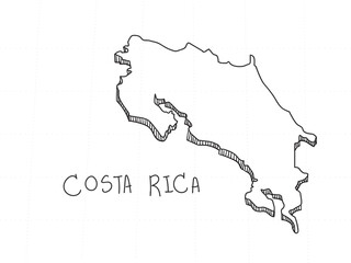 Hand Drawn of Costa Rica 3D Map on White Background.