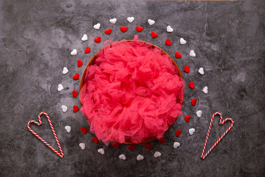 Newborn photography digital background for a valentine's day, red and white hearts and a bowl