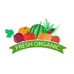 Vegetables and fruit with ribbon. Watermelon, pumpkin, eggplant, beetroot, pepper, carrot, onion, tomato. Vector illustration