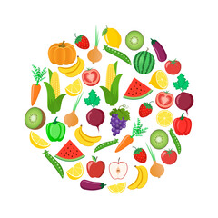 Vegetables and fruits. Watermelon, pumpkin, carrot, tomato, apple, onion, eggplant, banana, strawberry, beet, pepper, corn, peas, kiwi, lemon, grapes  Vector illustration